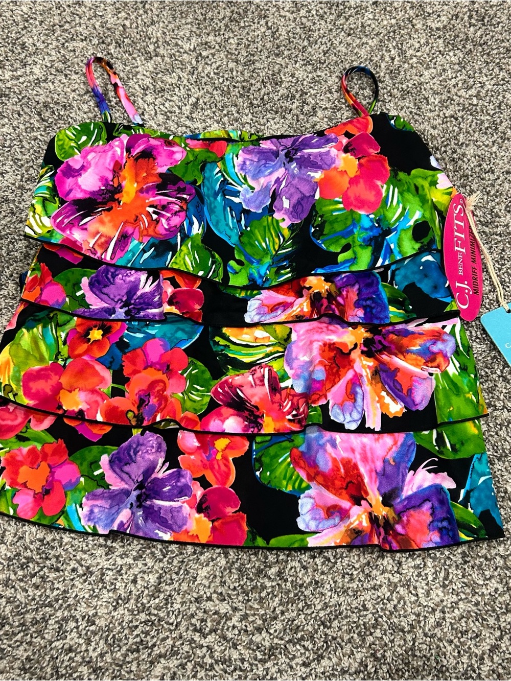 Caribbean Joe Tiered Tankini Top Slimming Midriff Minimizer Woman Sz 12 Resort